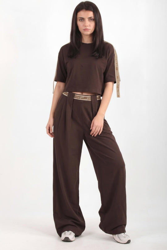Two‑Piece Wide‑Leg Set With Belt Stripe — Brown