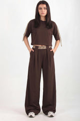 Ensemble Deux Pièces Pantalon Large Avec Bande Ceinture — Marron