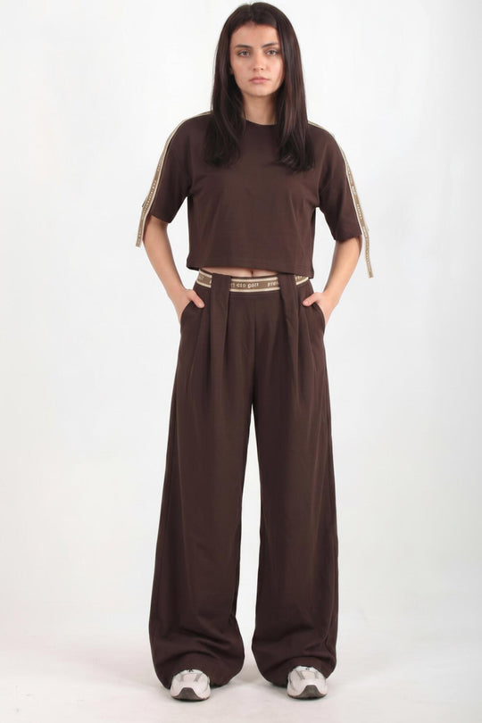 Two‑Piece Wide‑Leg Set With Belt Stripe — Brown