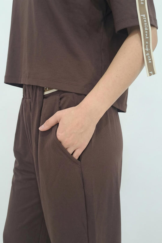 Two‑Piece Wide‑Leg Set With Belt Stripe — Brown