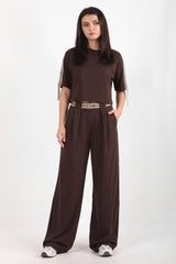 Ensemble Deux Pièces Pantalon Large Avec Bande Ceinture — Marron