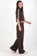 Ensemble Deux Pièces Pantalon Large Avec Bande Ceinture — Marron