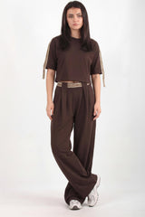 Ensemble Deux Pièces Pantalon Large Avec Bande Ceinture — Marron