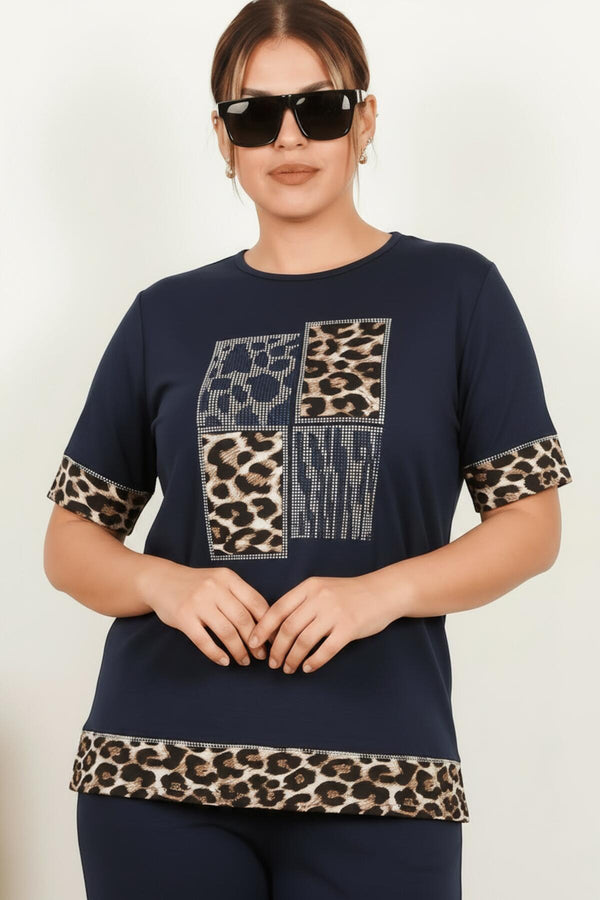 Plus‑Size Leopard‑Print Kort Mouw Set — Donkerblauw