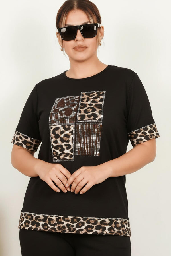 Plus - Size Set Met Luipaardprint En Steentjes, Korte Mouwen — Luipaard