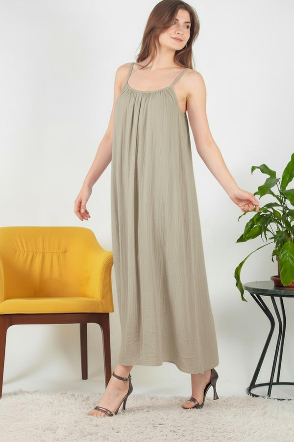 Italiaanse Voile Midi - Jurk Met Spaghettibandjes — Khaki