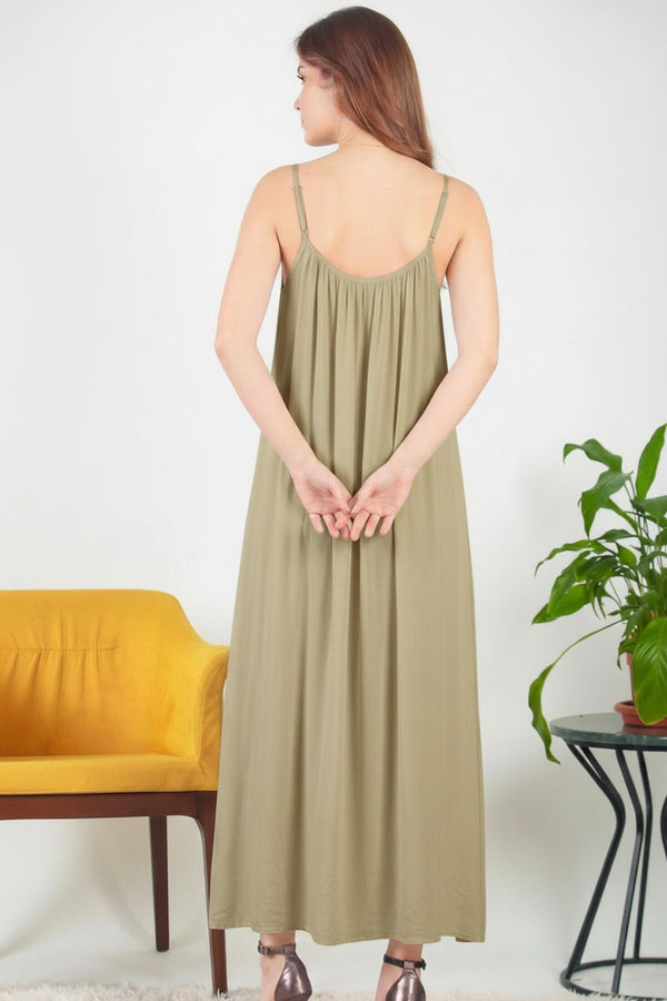 Italiaanse Voile Midi - Jurk Met Spaghettibandjes — Khaki