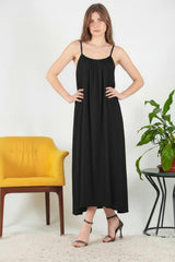 Robe Midi En Voile Italien À Fines Bretelles — Noir