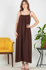 Robe Midi En Voile Italien À Fines Bretelles — Marron