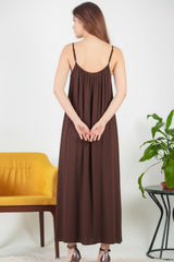 Robe Midi En Voile Italien À Fines Bretelles — Marron
