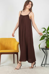 Robe Midi En Voile Italien À Fines Bretelles — Marron