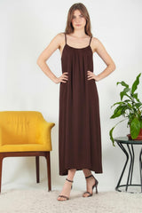 Robe Midi En Voile Italien À Fines Bretelles — Marron