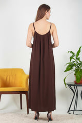 Robe Midi En Voile Italien À Fines Bretelles — Marron
