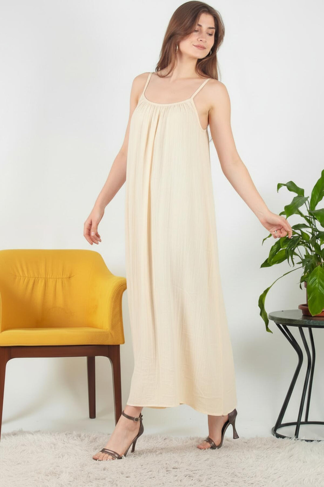 Robe Midi En Voile Italien À Bretelles Nouées — Crème