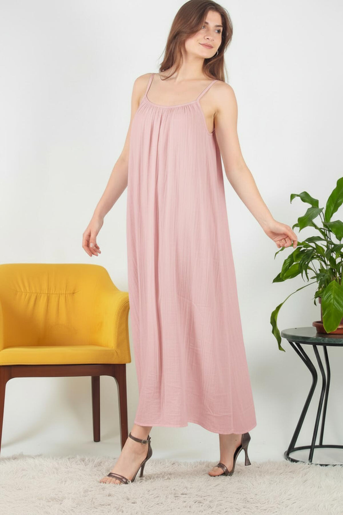 Robe Midi En Voile Italien À Bretelles Nouées — Rose