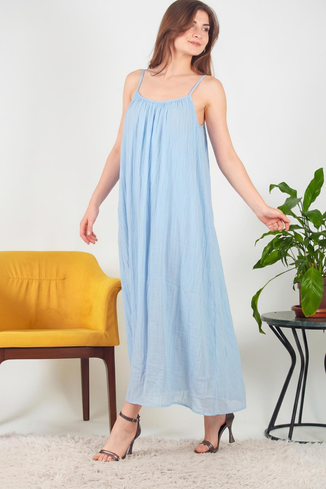 Robe Midi En Voile Italien À Bretelles Nouées — Bleu