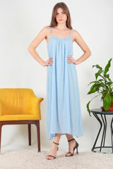 Robe Midi En Voile Italien À Bretelles Nouées — Bleu