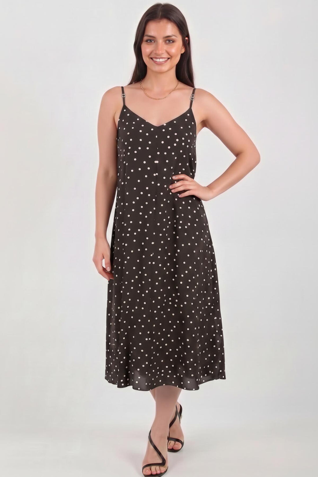 Robe À Fines Bretelles À Pois — Brun