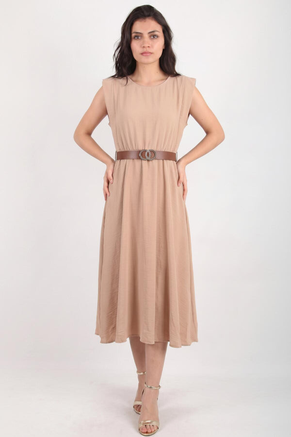 Jurk Met Schoudervulling En Smalle Taille - Elastiek — Beige