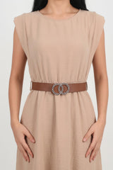 Robe Avec Épaulettes Et Taille Élastiquée Fine — Beige