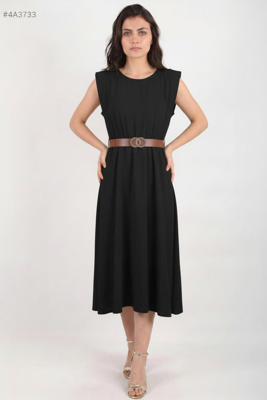 Schwarzes Kleid Mit Schulterpolstern Und Schmalem Gummizug In Der Taille