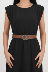 Robe Noire À Épaules Rembourrées Et Taille Fine Élastiquée