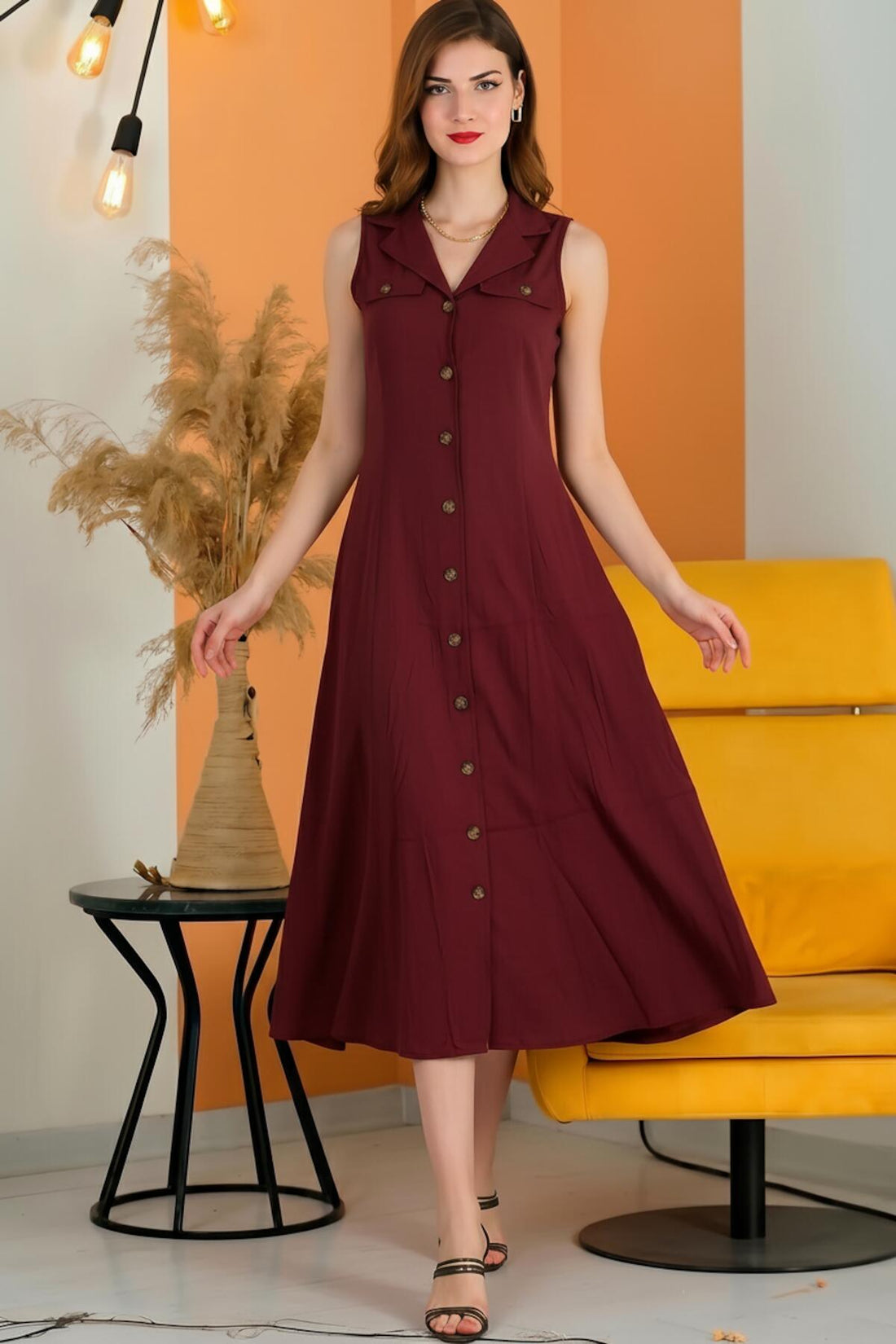 Robe Sans Manches Boutonnée — Bordeaux