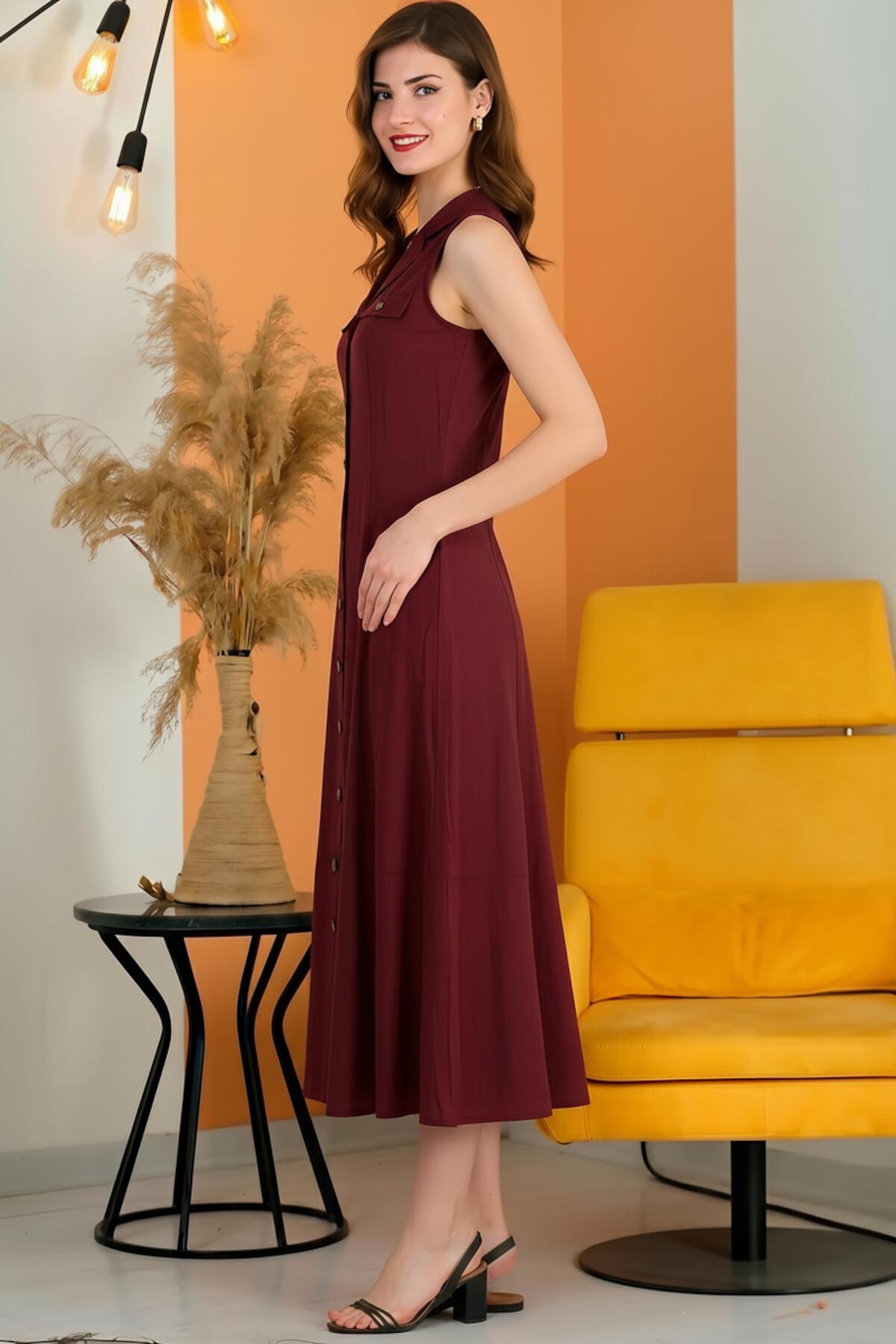 Mouwloze Jurk Met Knoopsluiting — Bordeaux