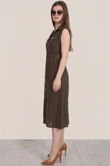 Robe - Chemise Marron À Poches À Rabat Aux Épaules Et Boutons Avant Brillants