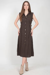 Robe - Chemise Marron À Poches À Rabat Aux Épaules Et Boutons Avant Brillants
