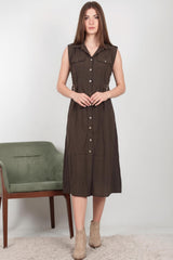Robe - Chemise Marron À Poches À Rabat Aux Épaules Et Boutons Avant Brillants