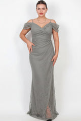 Elb0001D1196Gri — Robe De Soirée En Dentelle, Buste Orné De Perles — Gris