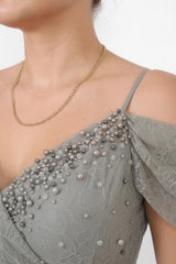 Elb0001D1196Gri — Robe De Soirée En Dentelle, Buste Orné De Perles — Gris