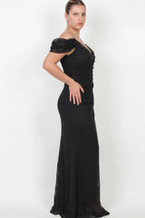 Robe De Soirée En Dentelle, Buste Orné De Perles — Noir (Grande Taille)