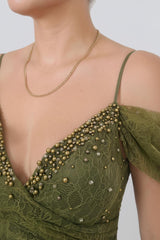 Robe De Soirée En Dentelle, Buste Orné De Perles — Kaki (Grande Taille)