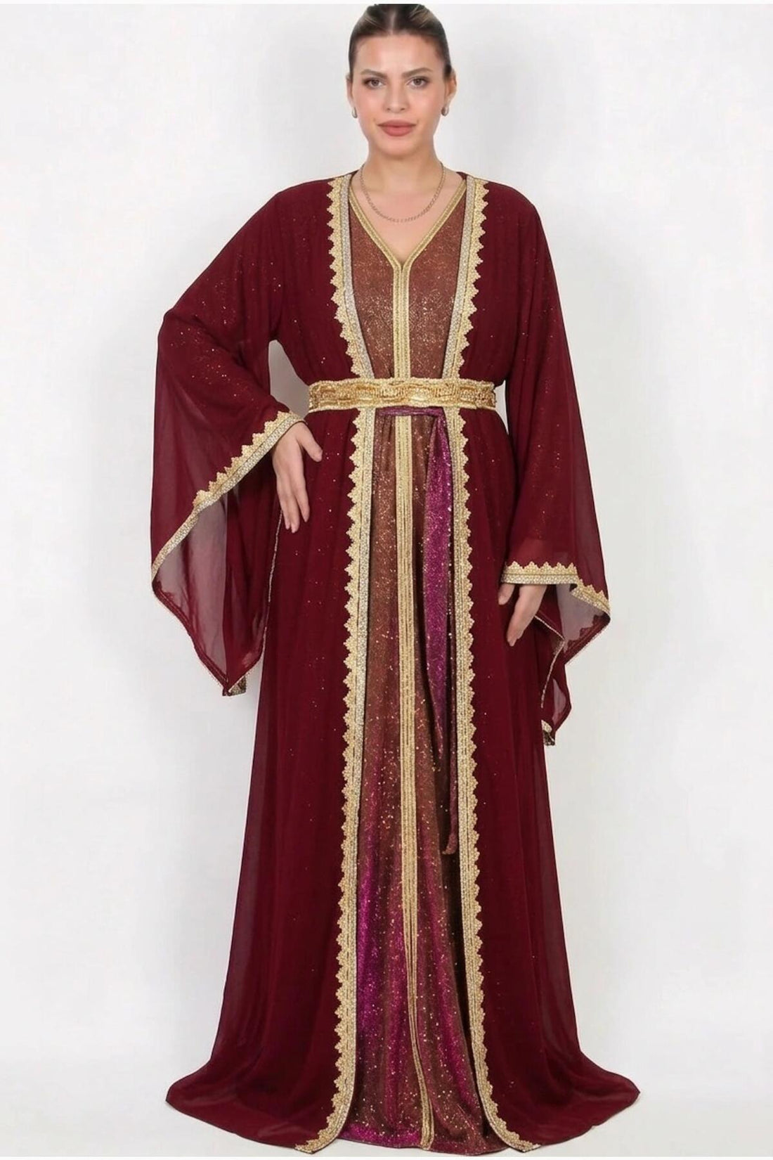 Besticktes Kleid Mit Gürtel – Bordeaux