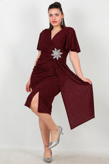 Großgrößen - Midikleid Mit Blumenstein - Taille – Burgunder