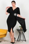 Robe Midi Grande Taille À Taille Ornée De Fleurs En Pierres — Noir