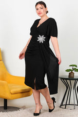 Großgrößen - Midikleid Mit Blumenstein - Taille – Schwarz