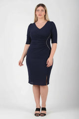 Robe De Soirée Grande Taille Bleu Marine Avec Détail Taille Et Manches Mi‑Longues