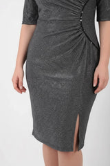 Große Größen Taillen - Detail Halbarm Abendkleid – Silber