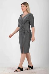 Große Größen Taillen - Detail Halbarm Abendkleid – Silber