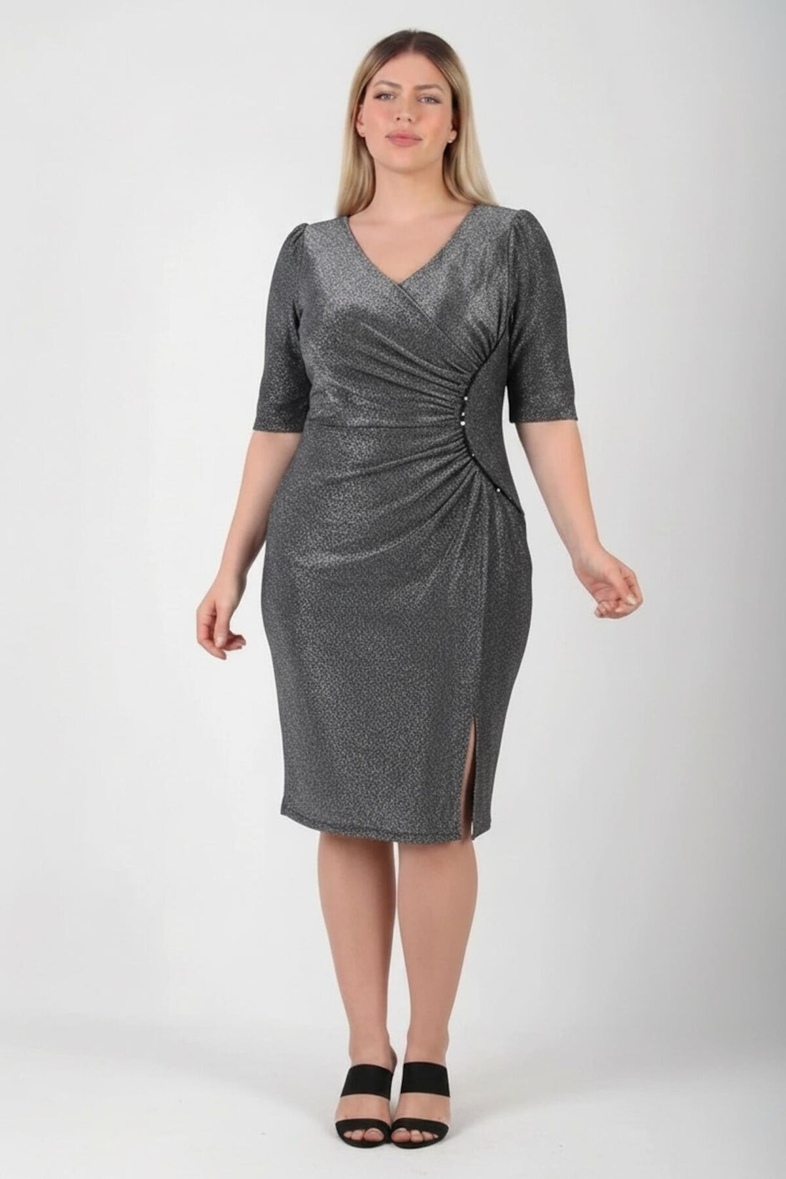 Große Größen Taillen - Detail Halbarm Abendkleid – Silber