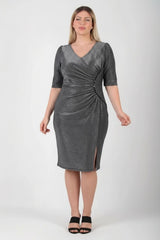 Große Größen Taillen - Detail Halbarm Abendkleid – Silber