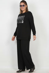Plus - Size Long - Sleeve Set With Stone Detail — Black