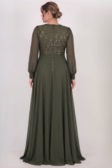 Robe De Soirée Grande Taille À Haut Pailleté Et Manches En Chiffon — Vert