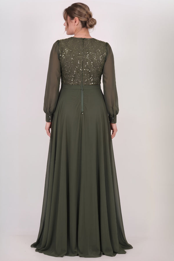 Robe De Soirée Grande Taille À Haut Pailleté Et Manches En Chiffon — Vert
