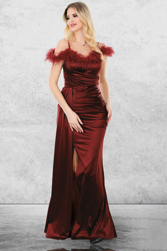 Langes Abendkleid Fur Damen Aus Satin Mit Kragen Und Tulldetail NELB1000D9802BRD