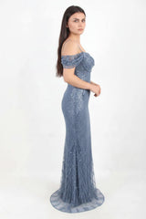 Robe De Soirée Sequins Et Perles, Épaules Dégagées — Bleu