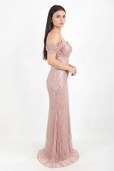 Robe De Soirée Rose Poudré Épaules Dénudées, Sequins Et Perles